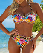 Bikini con scollo all'americana stampa leopardo e fibbia metallica