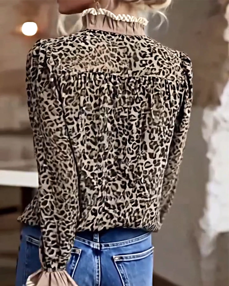 Camicetta casual a maniche lunghe con stampa leopardata