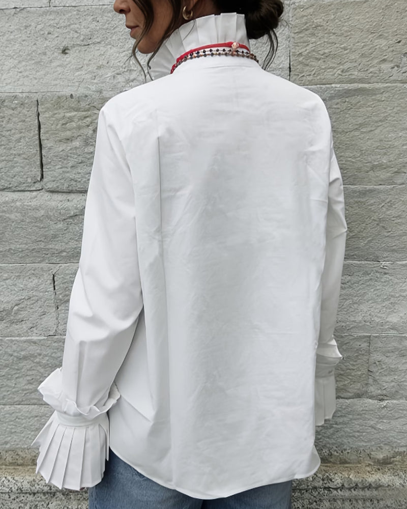 Camicia plissettata con collo alla coreana, design di moda