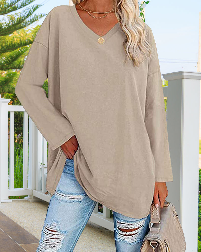 T-shirt donna tinta unita scollo a V maniche lunghe
