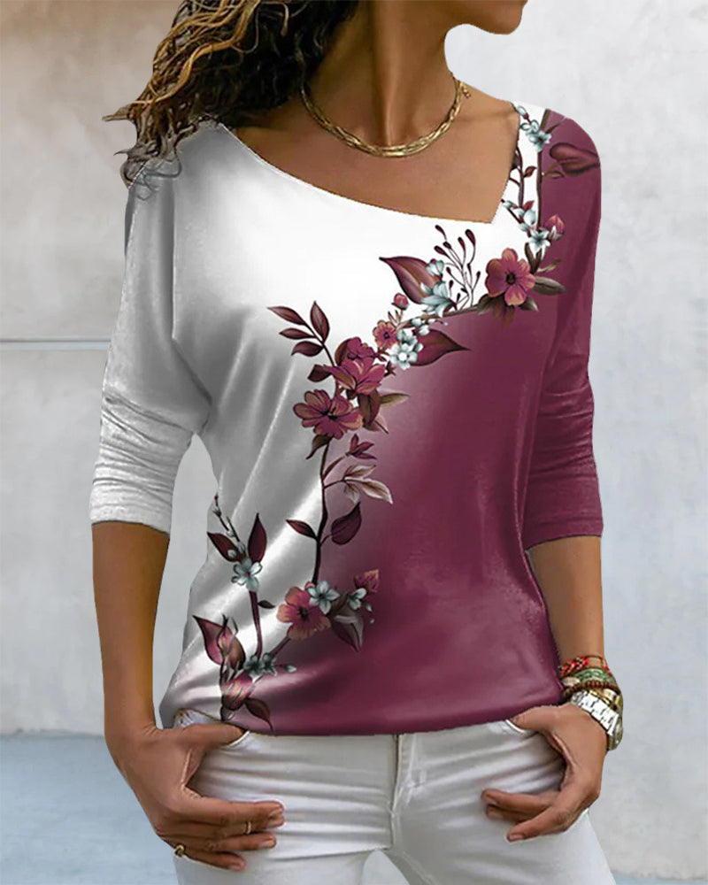 Top a maniche lunghe con scollo a V a stampa floreale