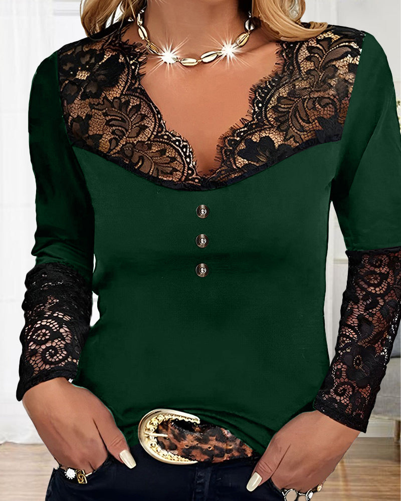 Top a maniche lunghe in pizzo con scollo a V