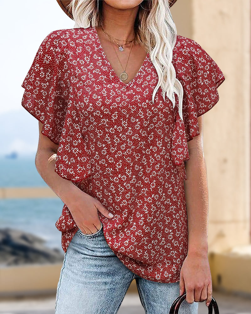 Camicia plissettata a maniche corte e scollo a V