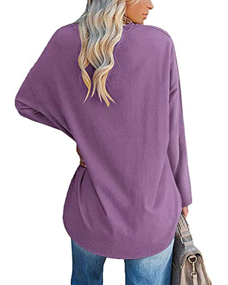 T-shirt donna tinta unita scollo a V maniche lunghe