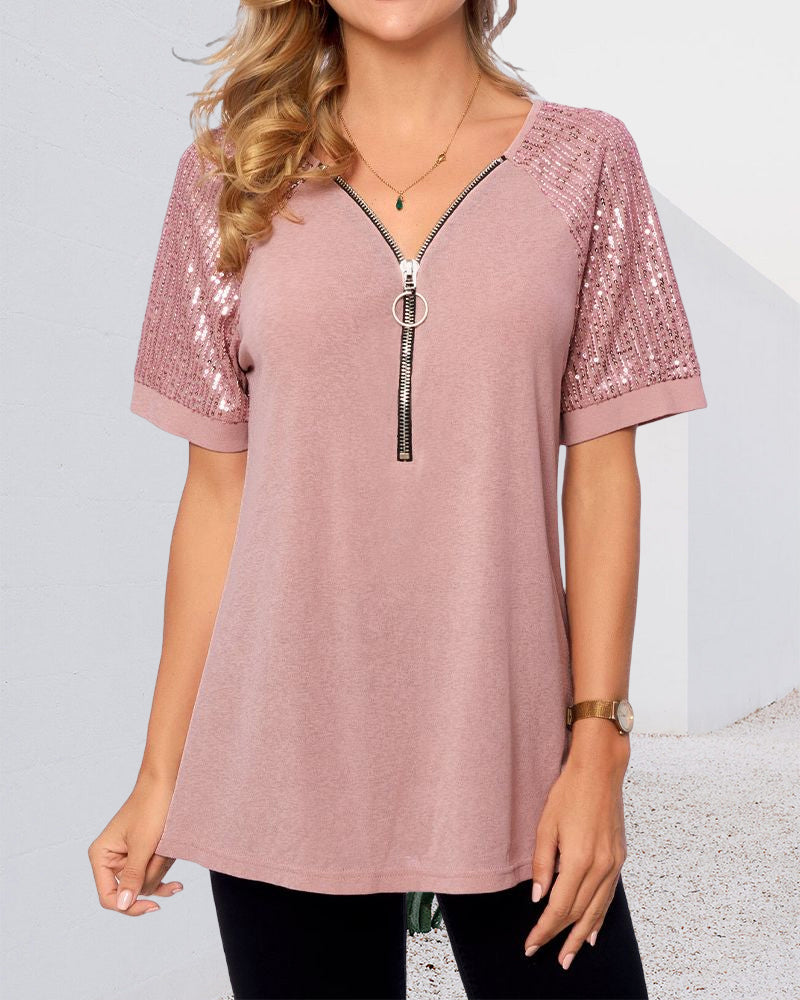 T-shirt con paillettes e maniche corte