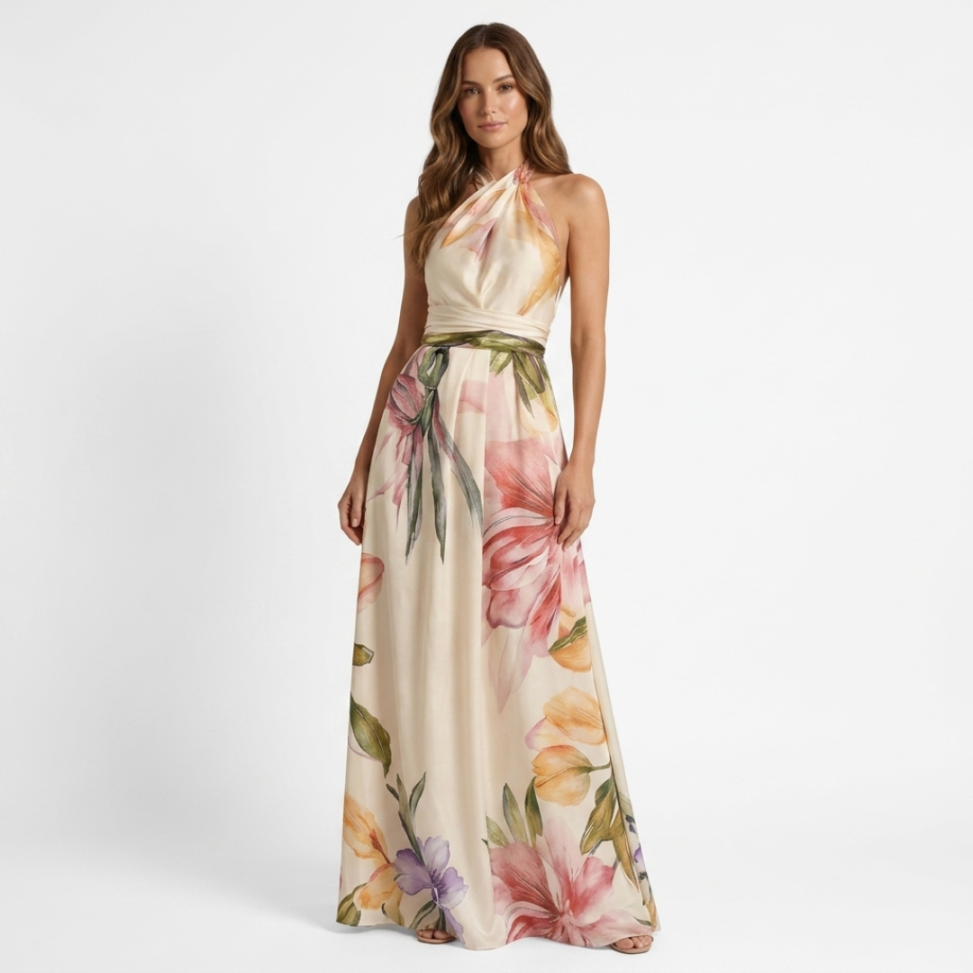 Astreia - Abito lungo con scollo floreale e spalline