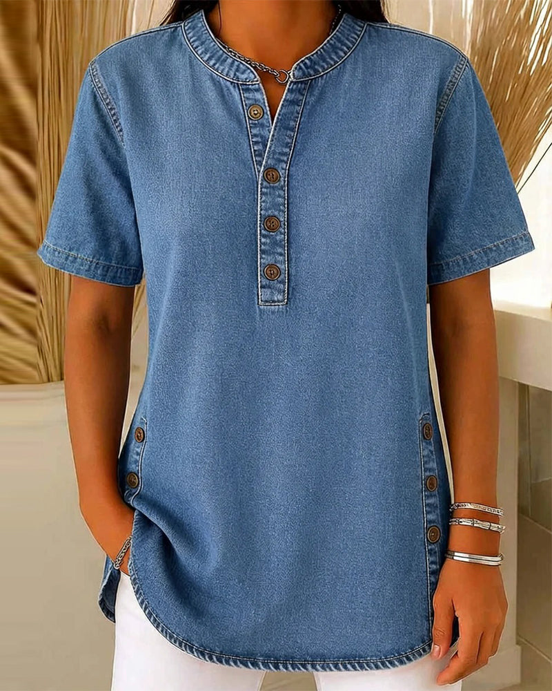 Top Denim Abottonato Davanti a Maniche Corte