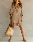 Vestito con Pannello Stampa Leopardata Manica a Sbuffo Camicia a Righe