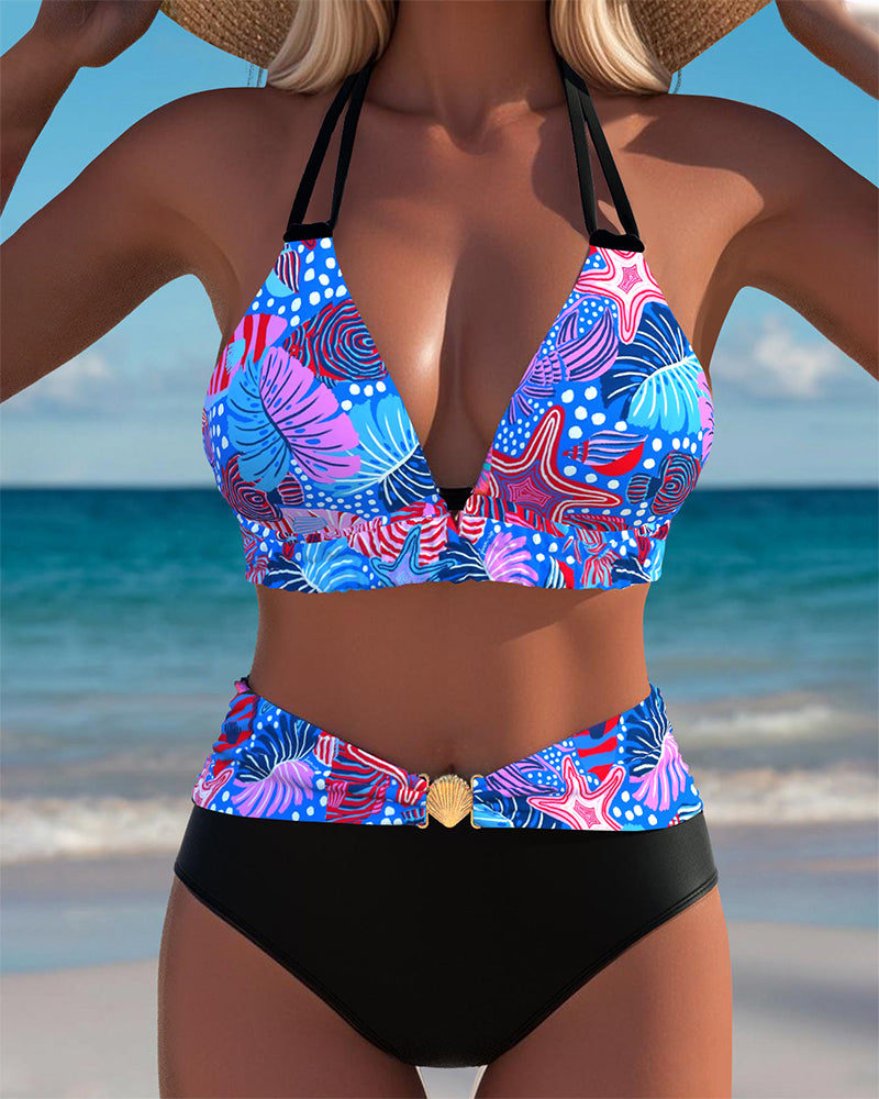 Bikini sexy con reggiseno stampato allacciato al collo