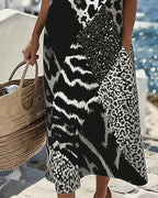 Vestito lungo senza maniche con stampa leopardata patchwork