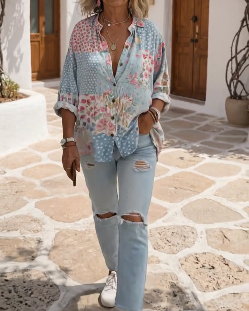 Camicia con stampa floreale e collo alto