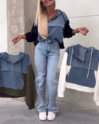 Felpa con cappuccio e zip in denim patchwork casual