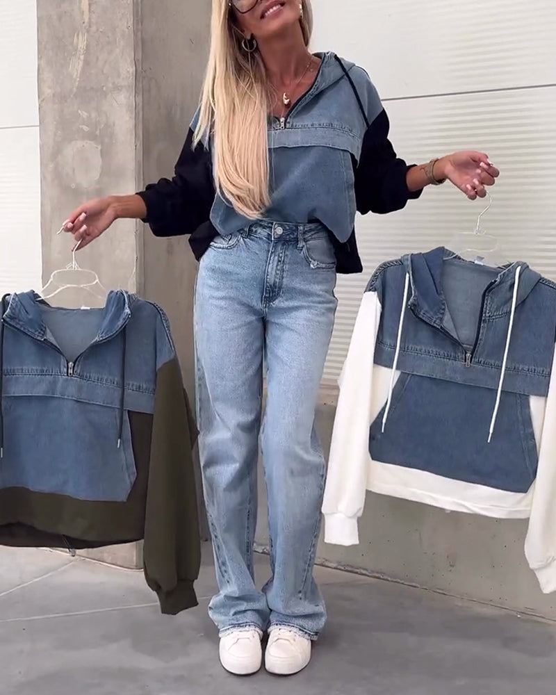 Felpa con cappuccio e zip in denim patchwork casual