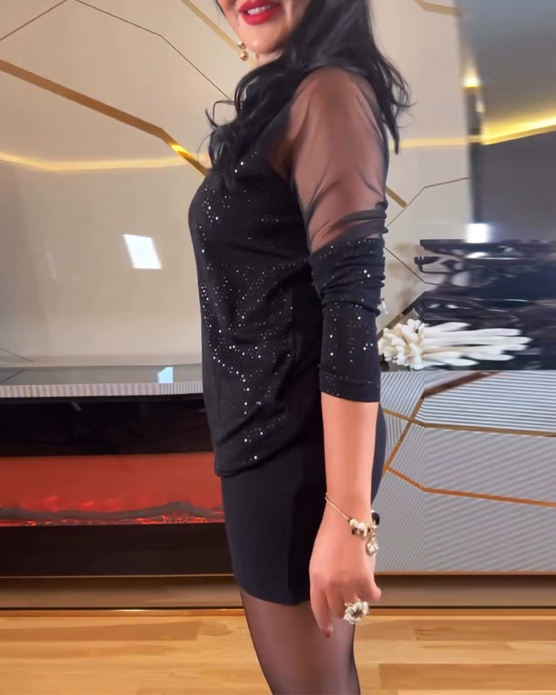 Top scollato a V in maglia e paillettes a tinta unita