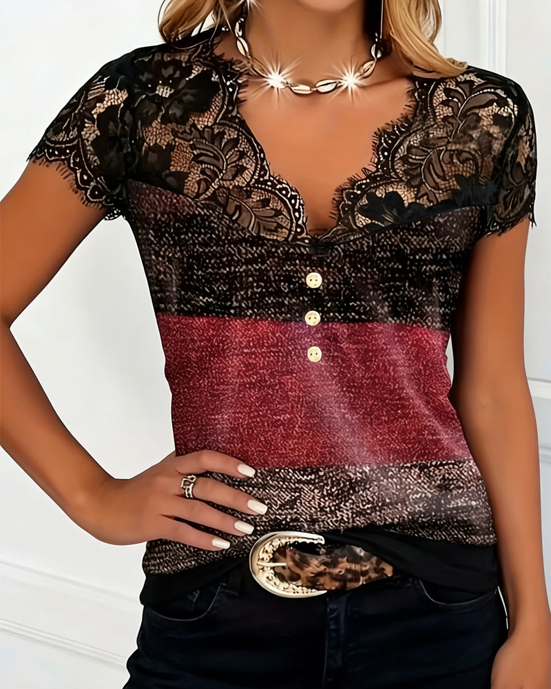 T-Shirt Scollo a V in Pizzo Patchwork a Contrasto di Colore