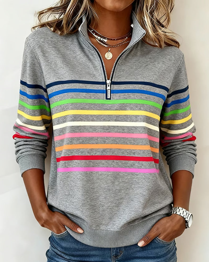Felpa con mezza zip e strisce arcobaleno alla moda