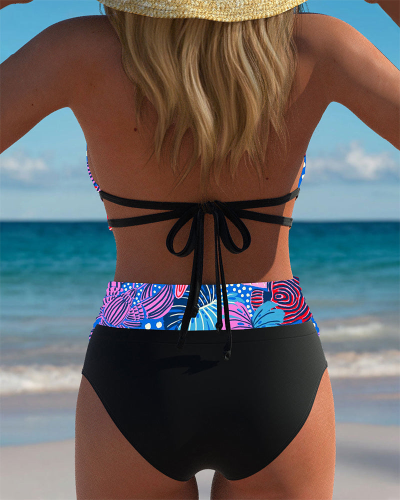 Bikini sexy con reggiseno stampato allacciato al collo