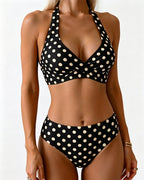 Bikini due pezzi a pois con scollo a fiocco