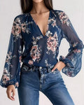 Blusa stampata di tendenza con scollo a V e maniche lunghe