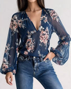 Blusa stampata di tendenza con scollo a V e maniche lunghe
