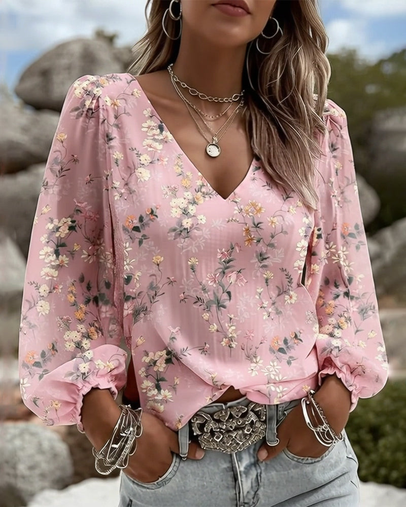 Blusa Floreale Scollo a V Maniche a sbuffo
