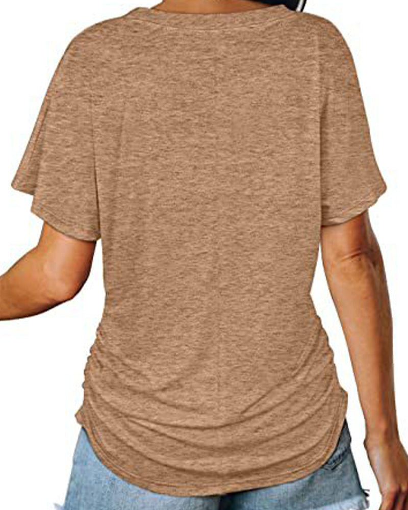 T-shirt Plissé Monocromatico con Scollo a V