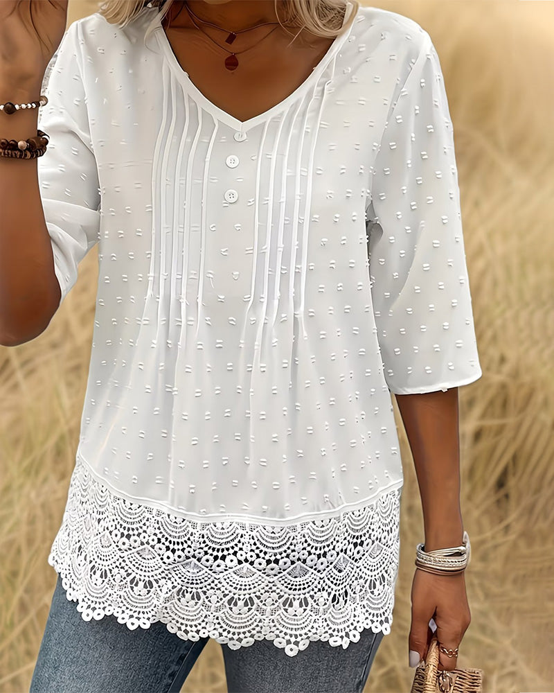 Camicetta Jacquard con pizzo Patchwork Scollo a V