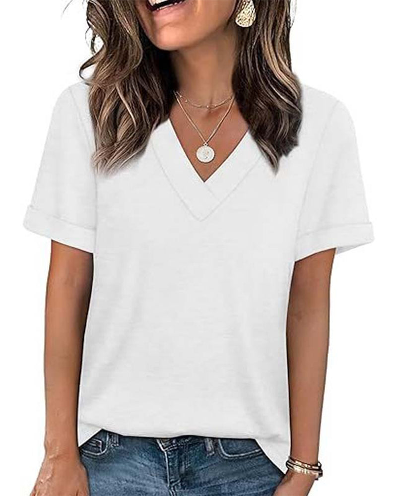T-shirt a tinta unita con scollo a V casual a maniche corte