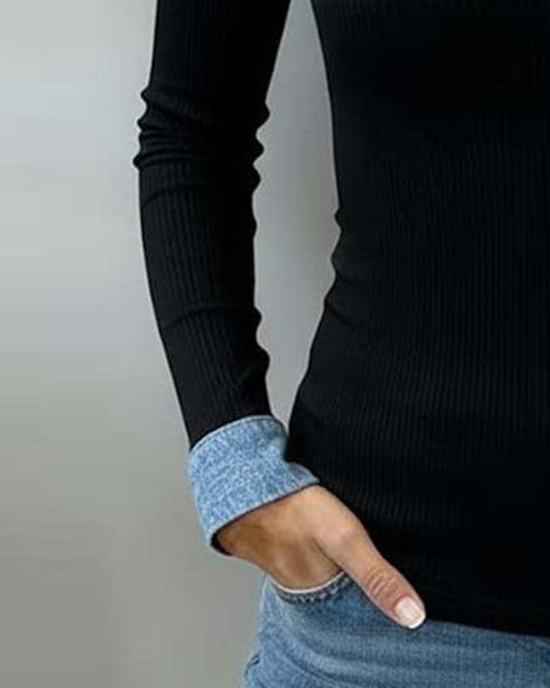 Top Colletto a V a Maniche Lunghe con Patta a Colore a Contrasto