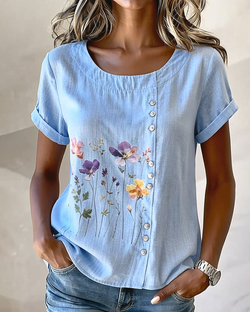 T-shirt floreale con stampa, girocollo, manica corta