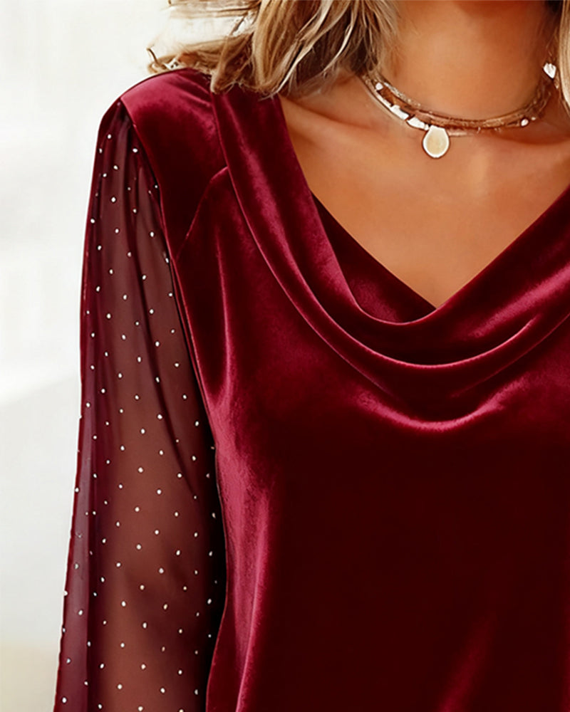 Top con Collo Drappeggiato Patchwork a Maniche Lunghe