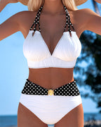 Bikini scollo profondo, spalline a pois a contrasto