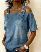 Camicetta a spalla scoperta in denim con bretelle