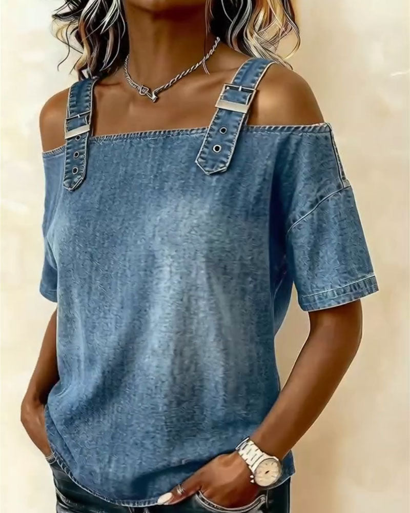 Camicetta a spalla scoperta in denim con bretelle