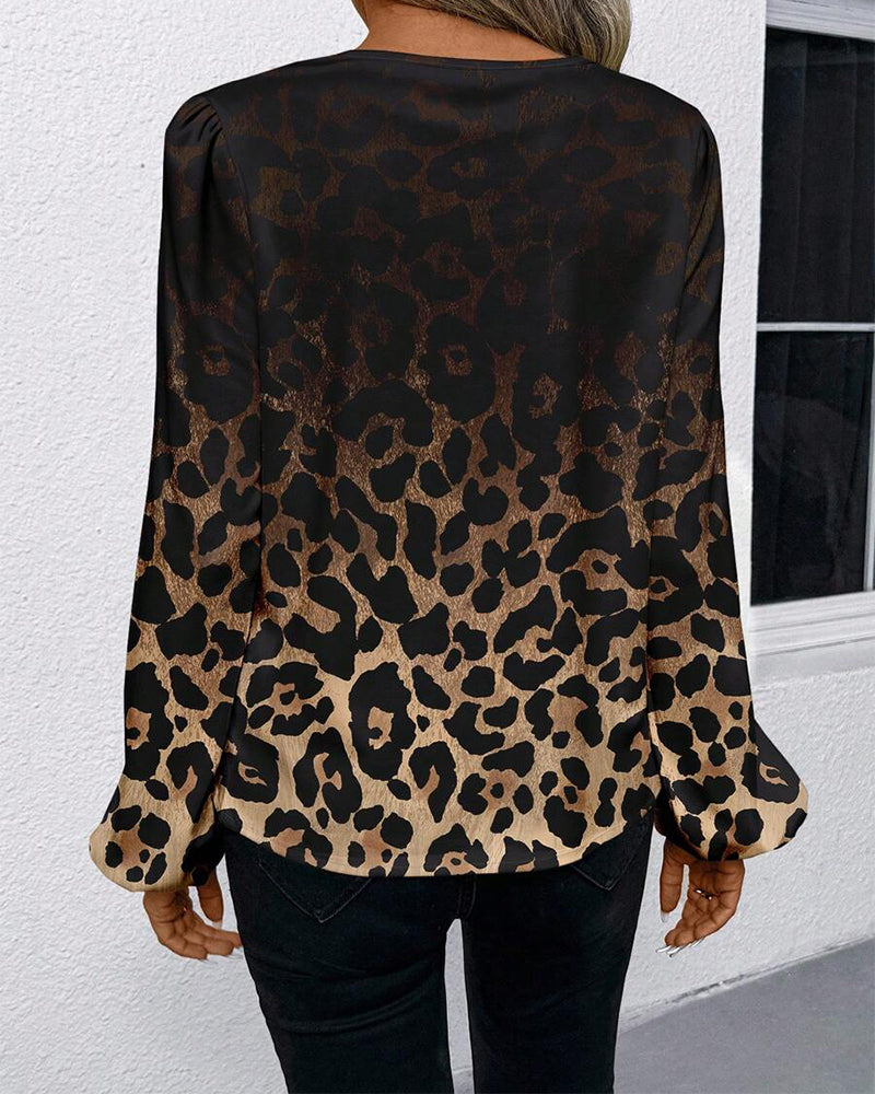 Camicia maniche a sbuffo sfumata stampa leopardata