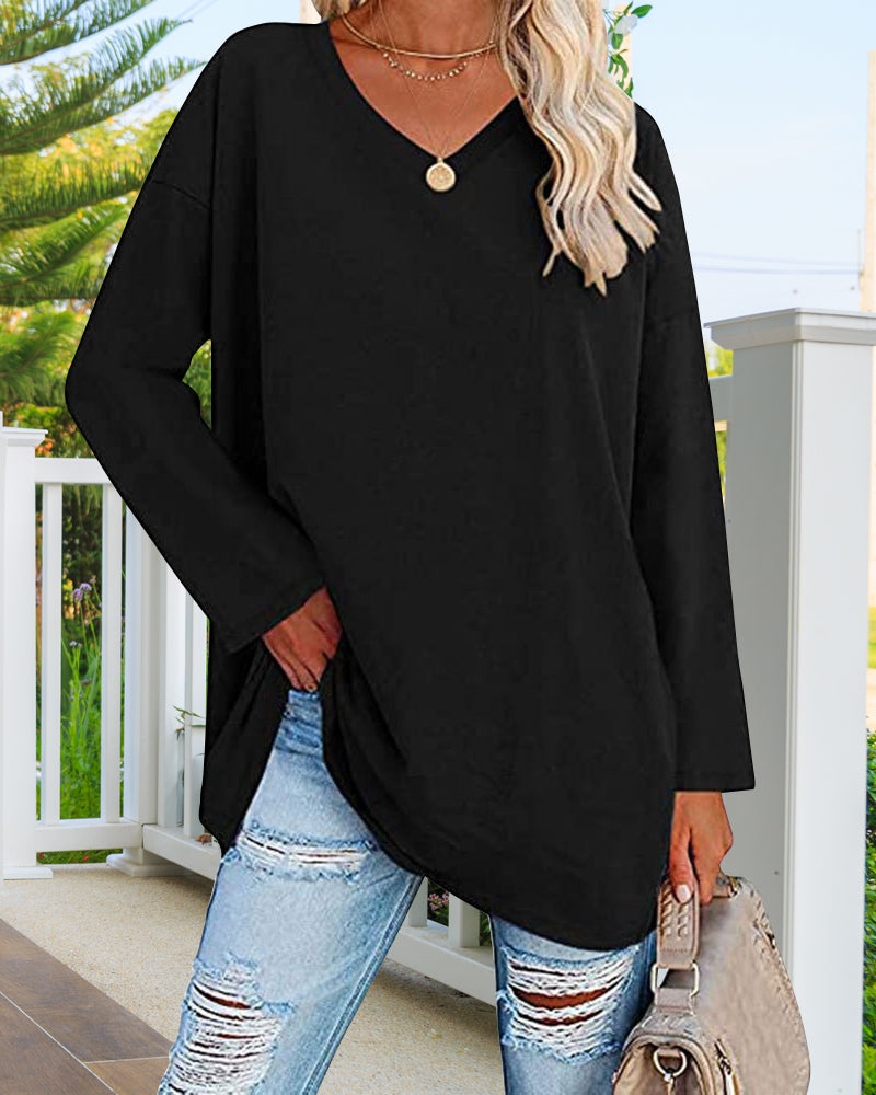 T-shirt donna tinta unita scollo a V maniche lunghe
