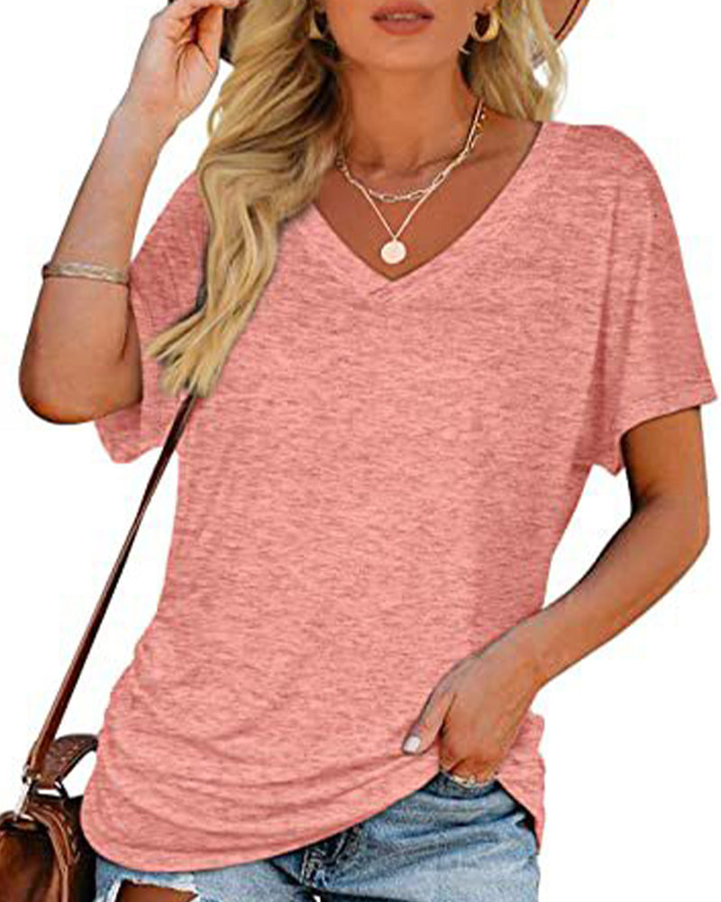 T-shirt Plissé Monocromatico con Scollo a V