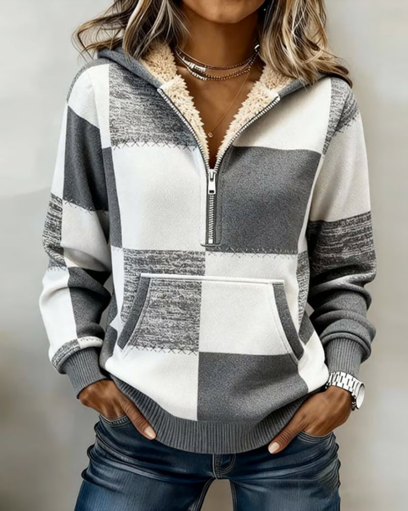 Felpa con cappuccio alla moda, con mezza zip e stampa