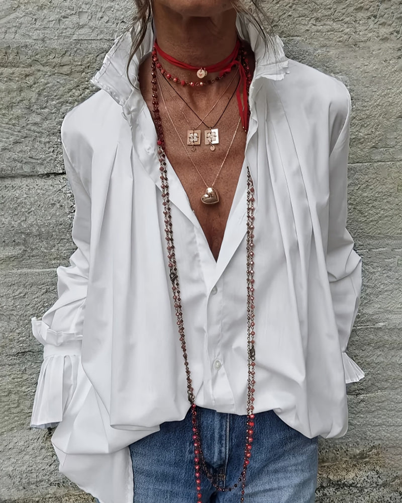 Camicia plissettata con collo alla coreana, design di moda