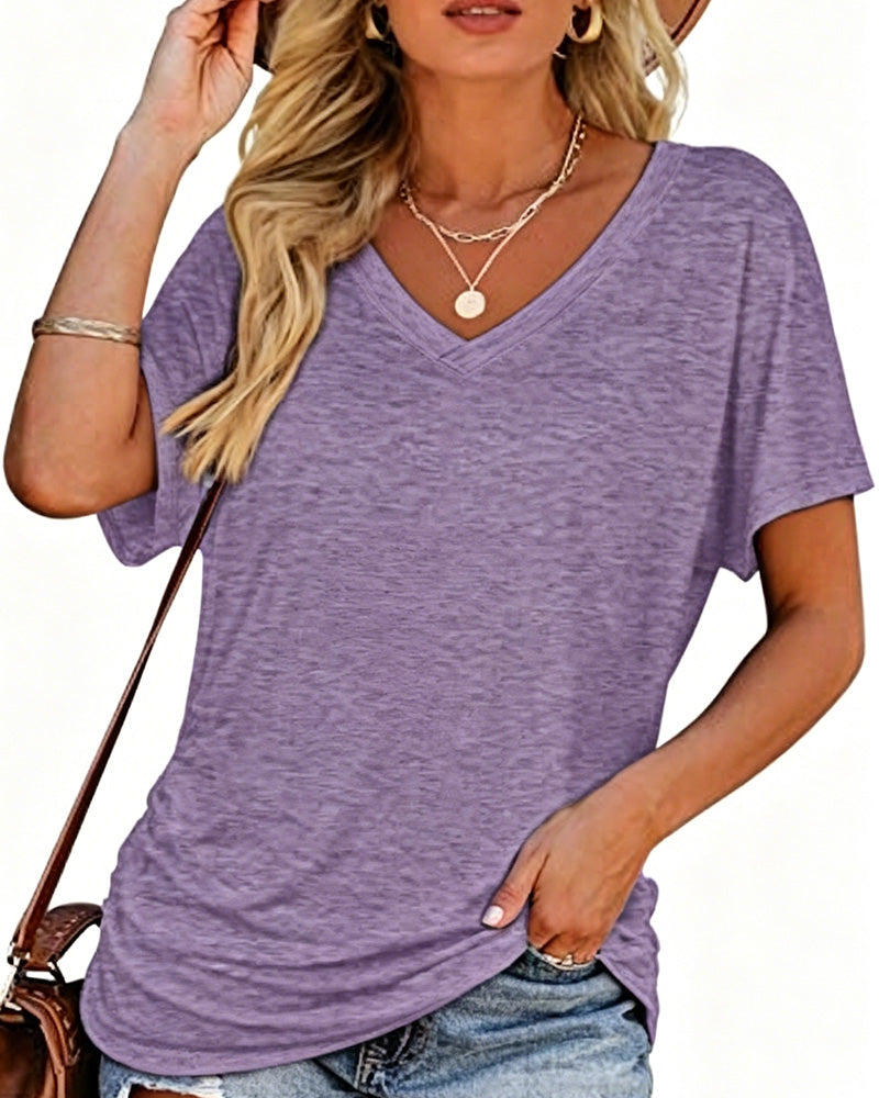 T-shirt Plissé Monocromatico con Scollo a V