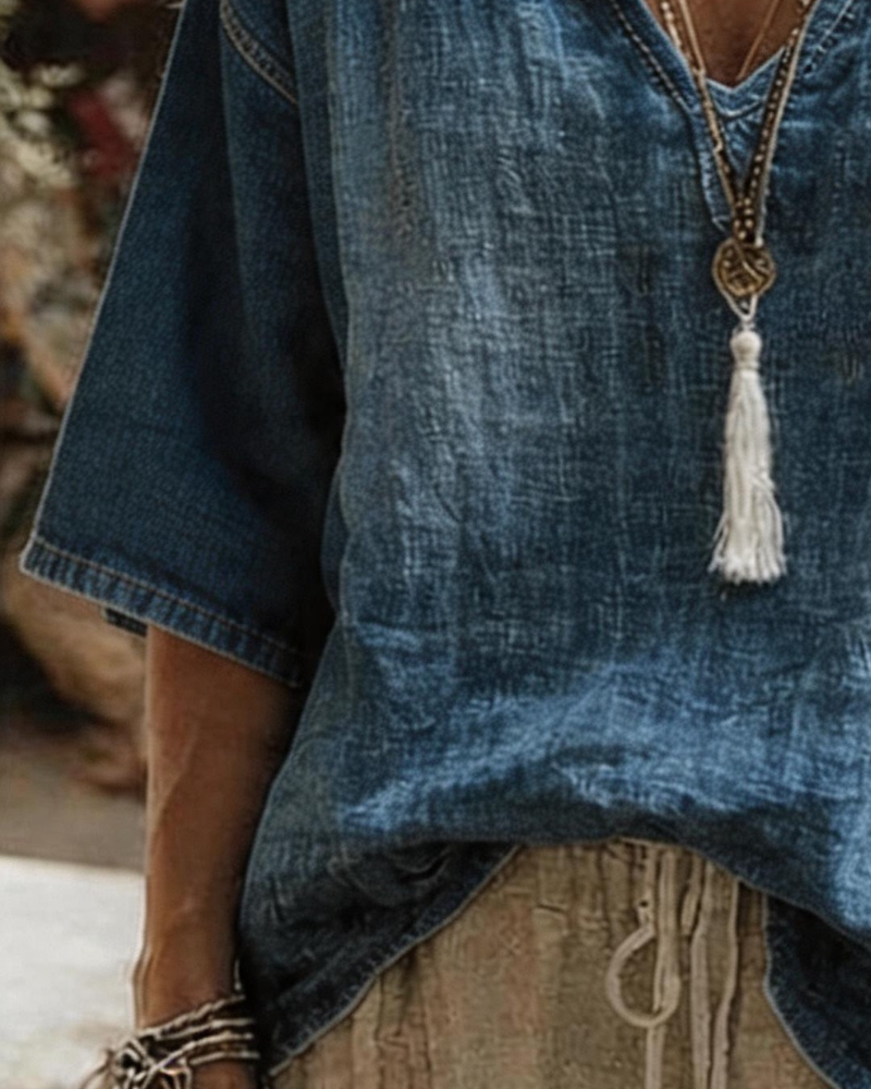 Top con scollo a V in denim a mezza manica
