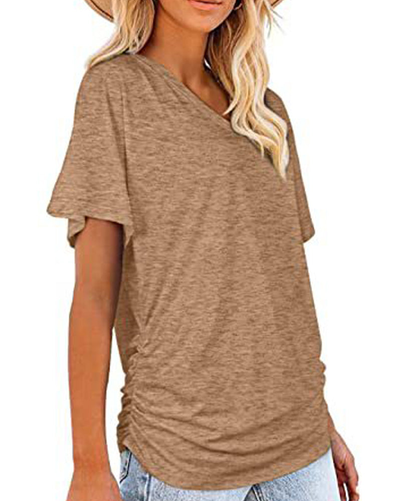 T-shirt Plissé Monocromatico con Scollo a V