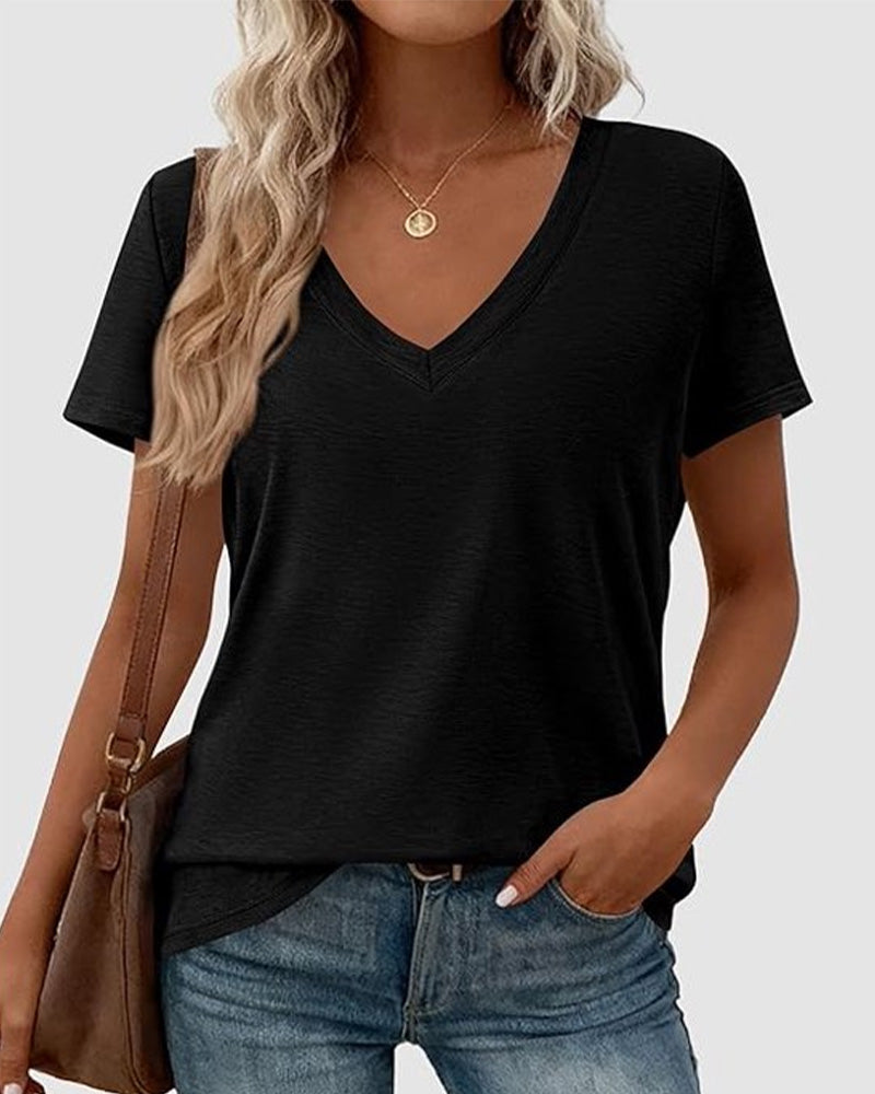 T-shirt pullover scollo a V a tinta unita
