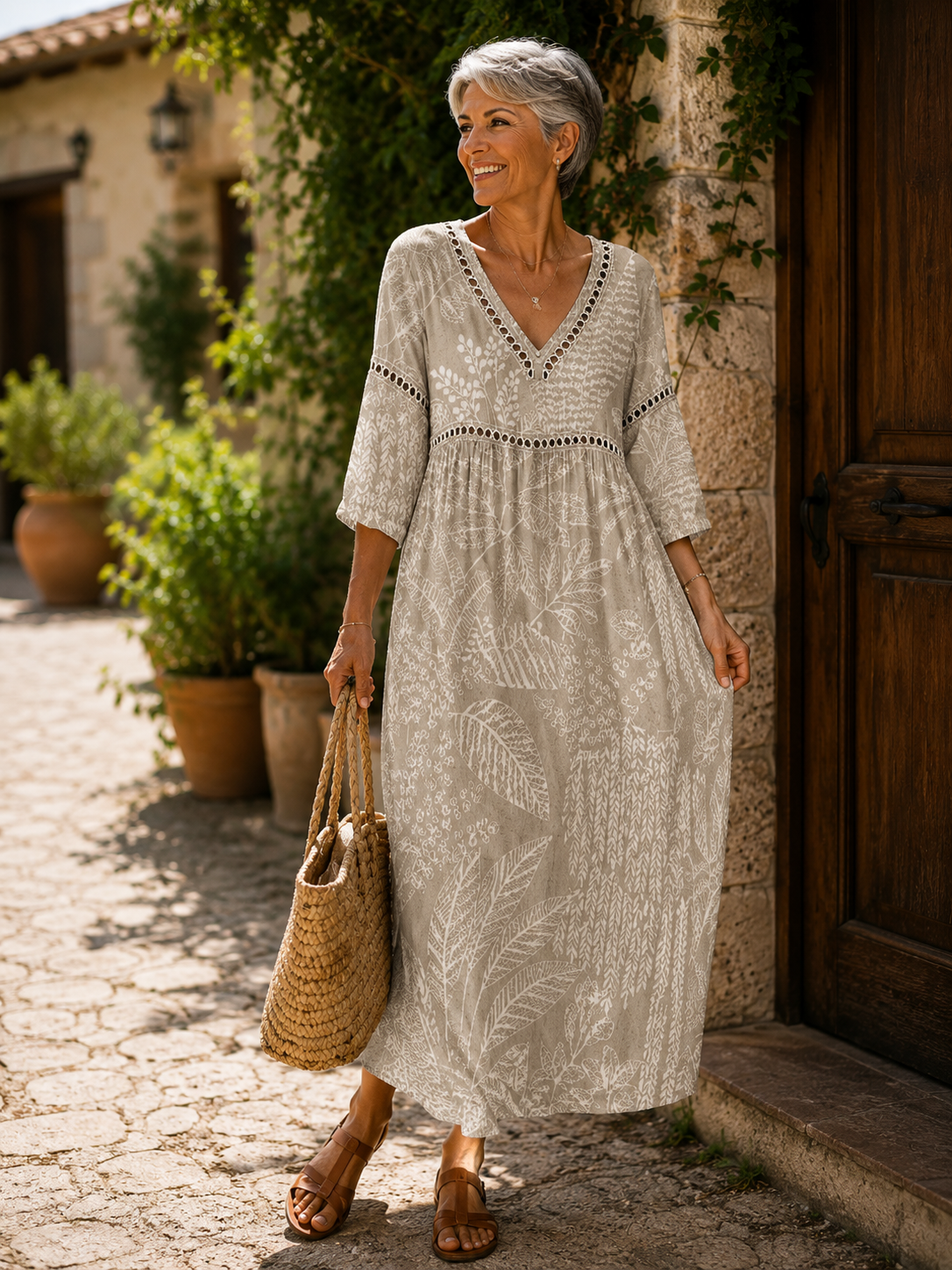 Franca | Vestito Midi Morbido con Stampa Naturale di Foglie