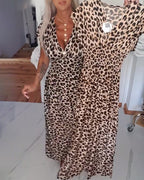 Elegante abito scollato a V con stampa leopardata