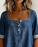Camicia con Colletto Quadrato in Denim a Mezza Manica