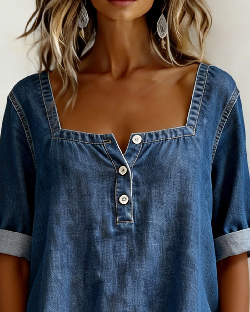 Camicia con Colletto Quadrato in Denim a Mezza Manica