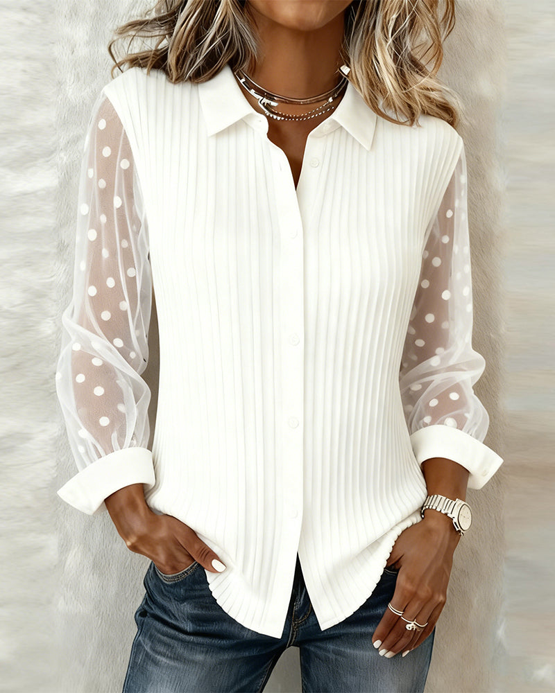 Camicia in rete a costine con colletto a risvolto