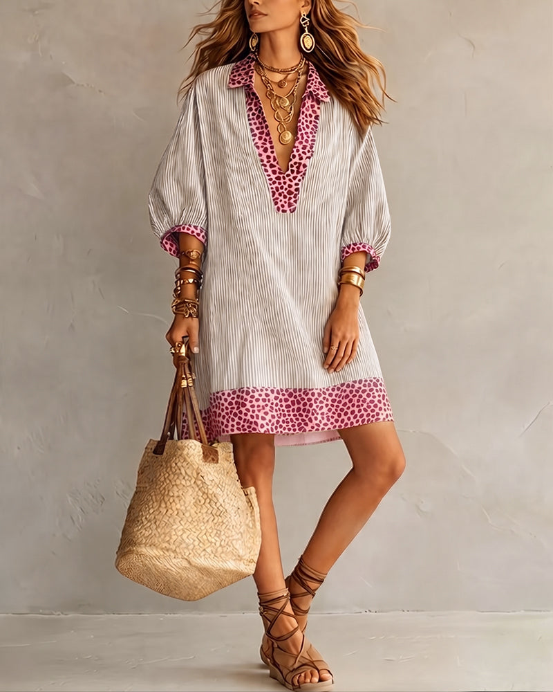 Vestito con Pannello Stampa Leopardata Manica a Sbuffo Camicia a Righe