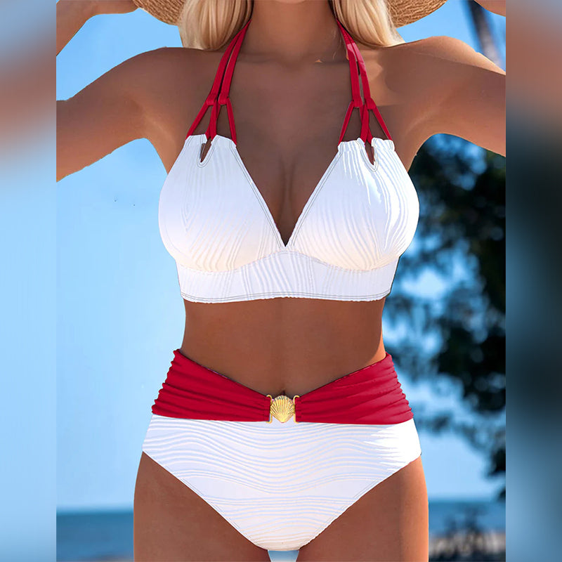 Costume da bagno a doppia bretella a vita alta a colori a contrasto